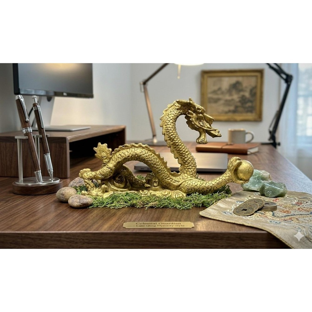 Vintage Chinese Dragon Figurine Gold Brass Tone Celestial Guardian Qing Style